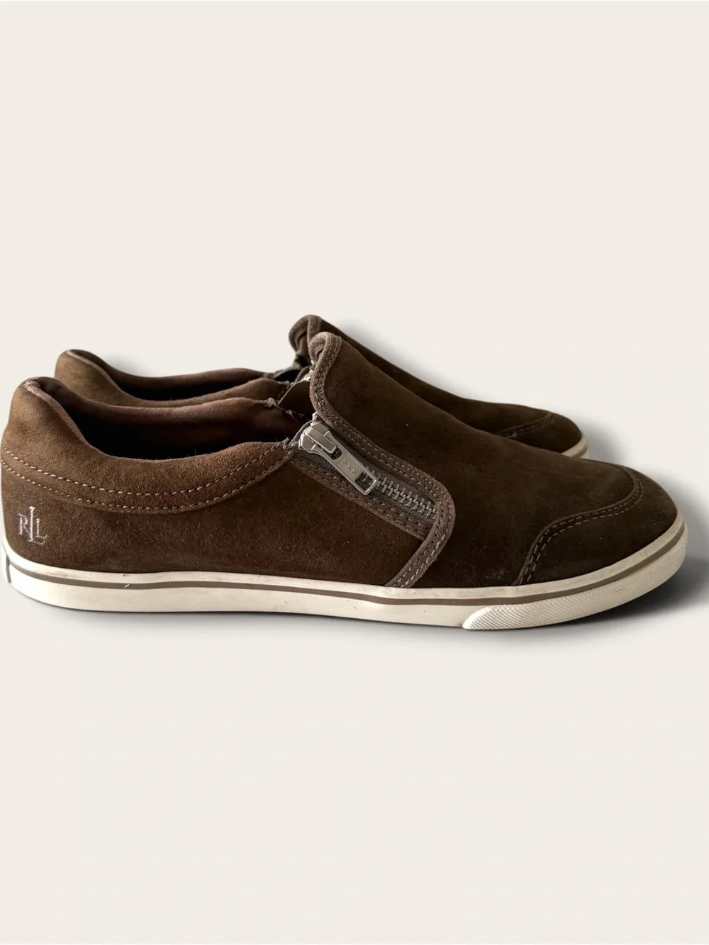 Lauren Ralph Lauren Brown Suede Slip-On Sneakers with Side Zip